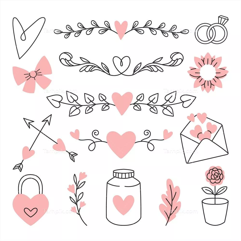 مجموعه عناصر تزئینی عروسی با طراحی دستی و کیفیت وکتور