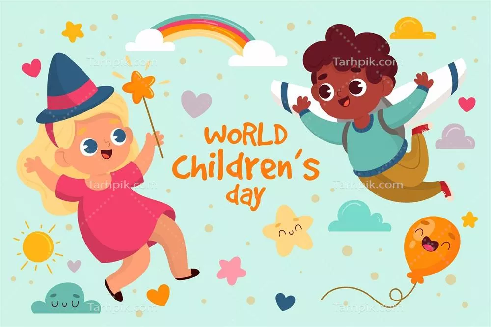 وکتور طراحی دستکشیده دنیای کودکانه برای روز جهانی کودک به همراه نمادها و شخصیتهای جذاب