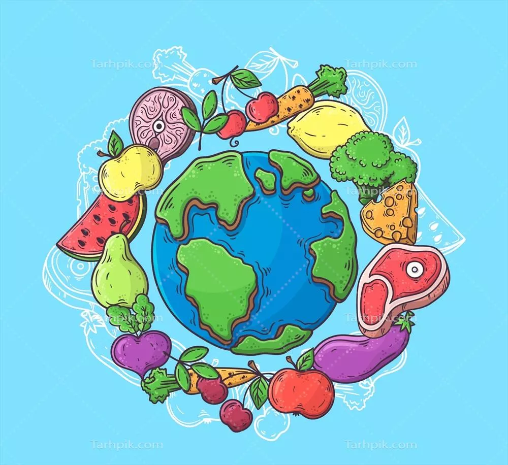 وکتور روز جهانی غذا با طراحی دستی و ارائه سبزیجات و استیک های متنوع