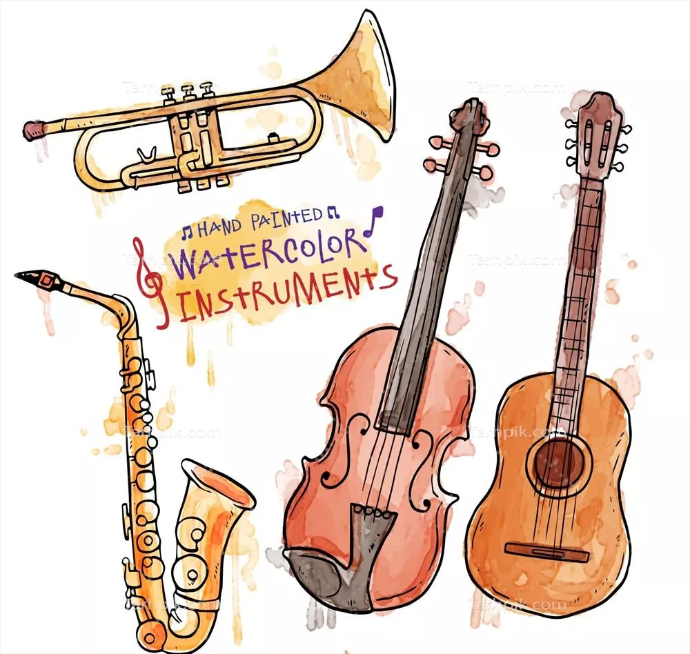 طراحی وکتور از سازهای آبی رنگ با نقاشی دستی و آب رنگی