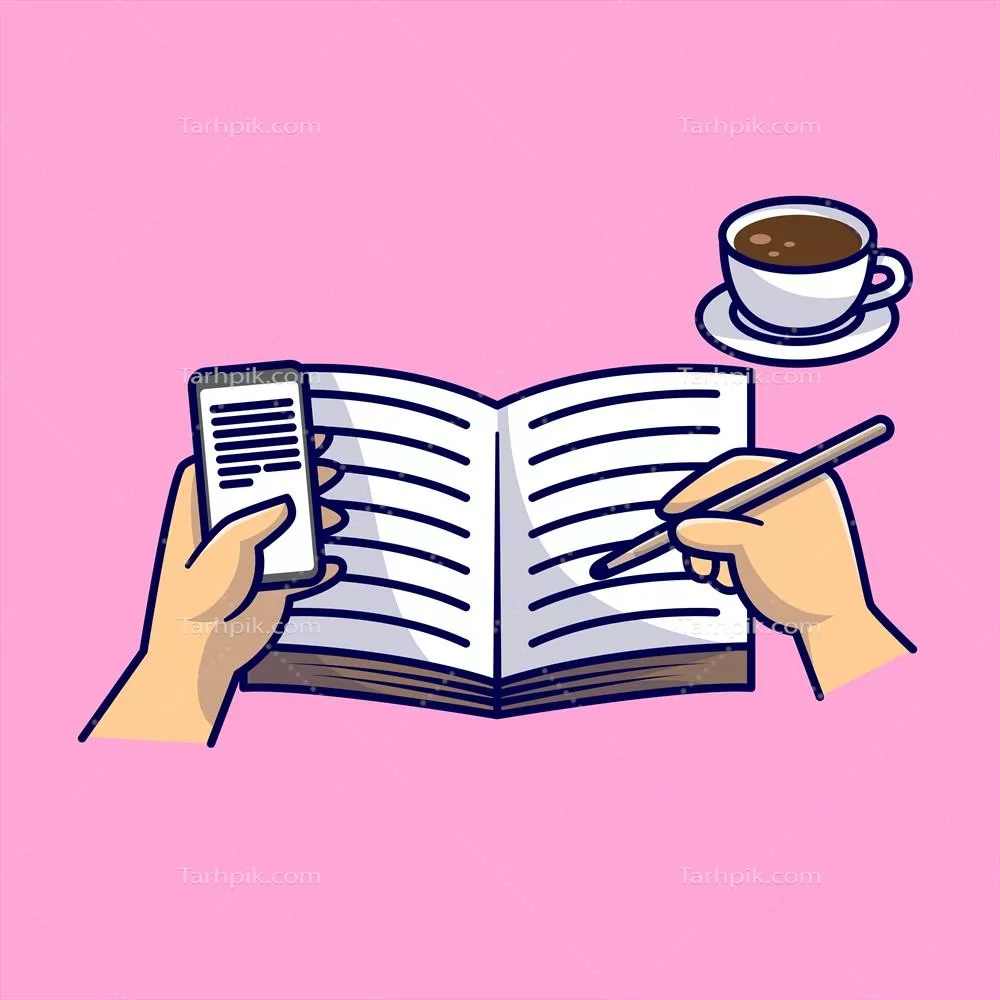 وکتور کتاب دستنویس و قهوه در کنار تلفن - تصویر کارتونی آموزنده