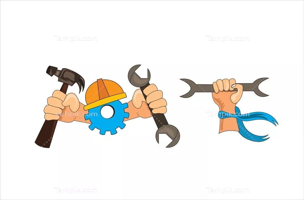 وکتور دستهایی که ابزارهای مکانیکی را در دست دارند و تکنیکهای تعمیر را نمایش میدهند