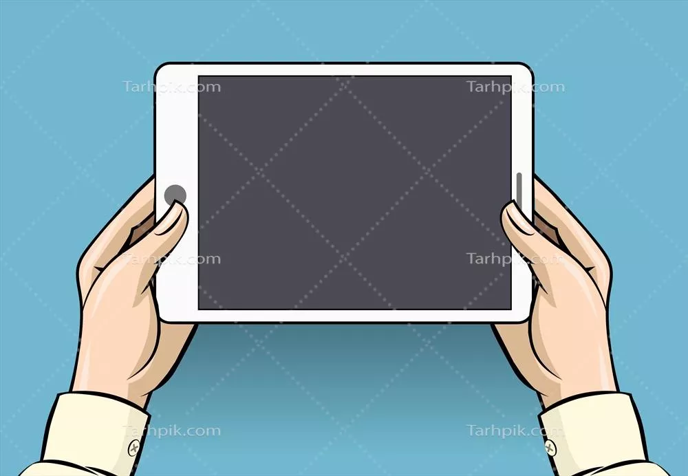 وکتور دستهایی که یک تبلت کامپیوتری با صفحه نمایش لمسی را نگه داشتهاند