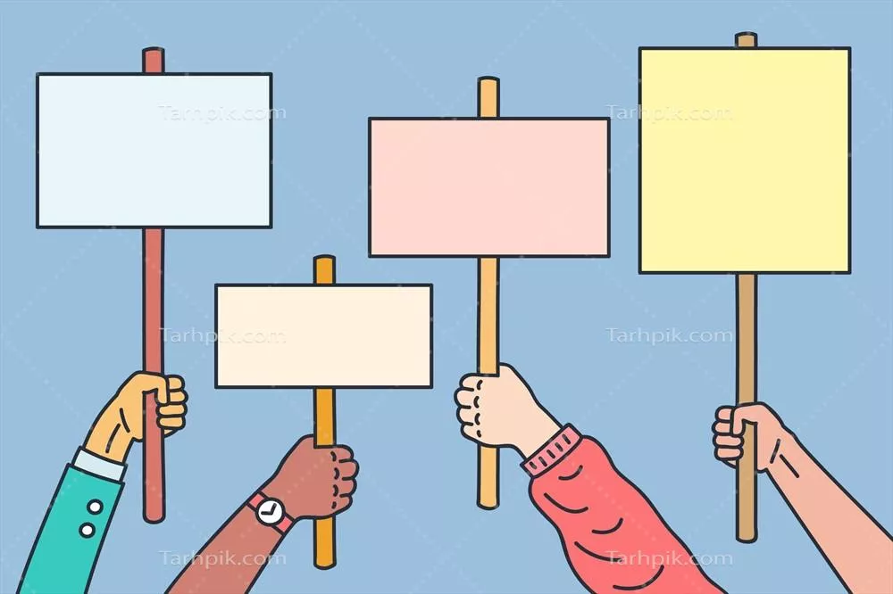 دست های حامی با پلاکاردهای گرافیکی و وکتوری در طراحی گرافیک