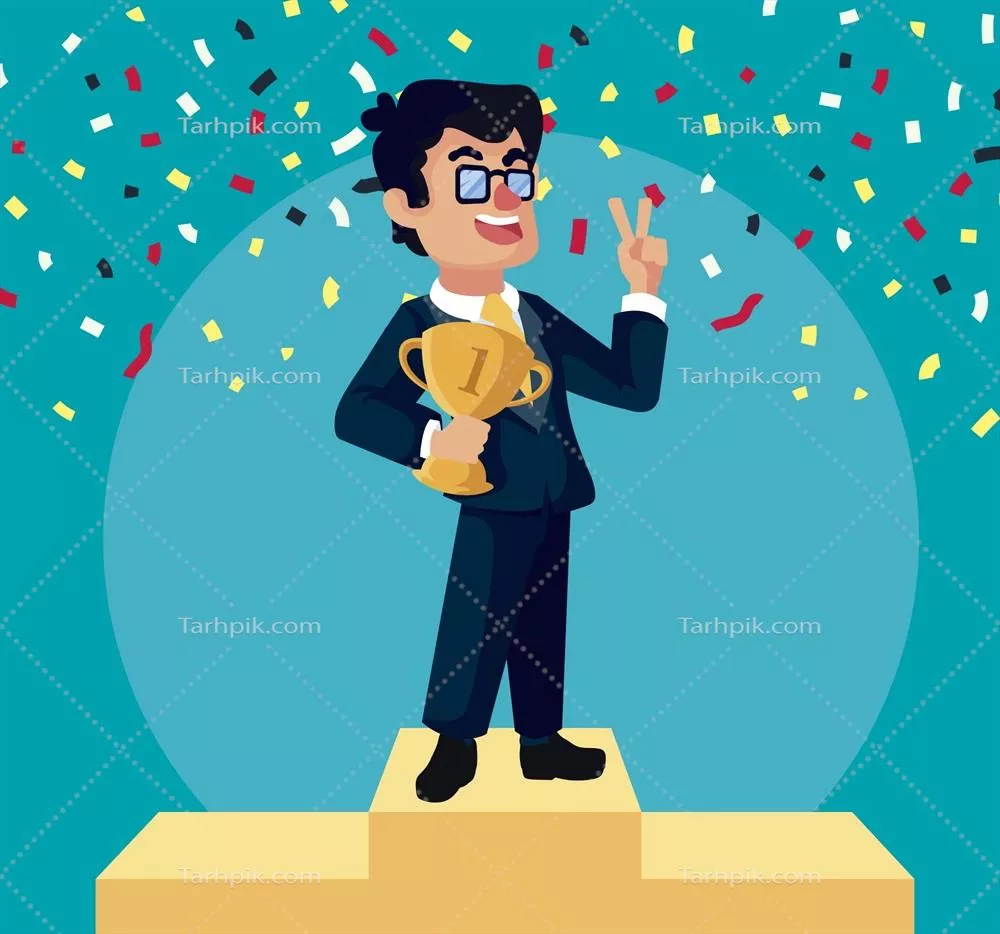 وکتور طراحی مسطح از یک شخصیت شاد که در حال دریافت جایزه است