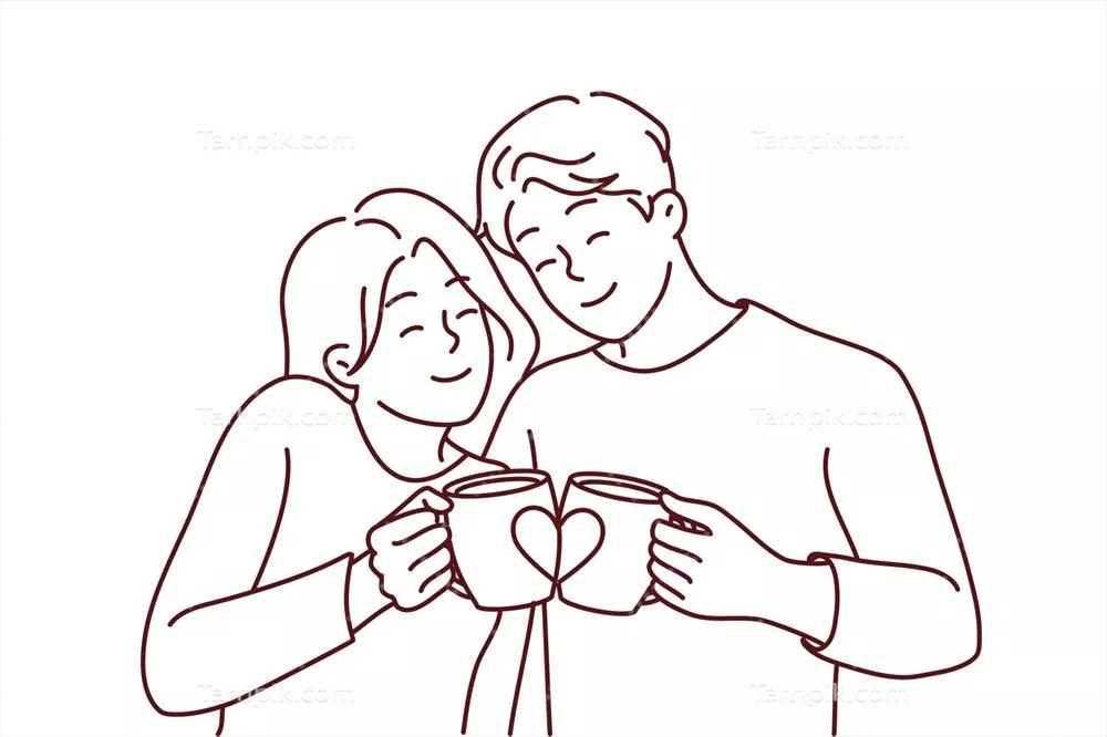 وکتور زوج شاد در حال بغل کردن و نوشیدن قهوه از لیوان های عاشقانه