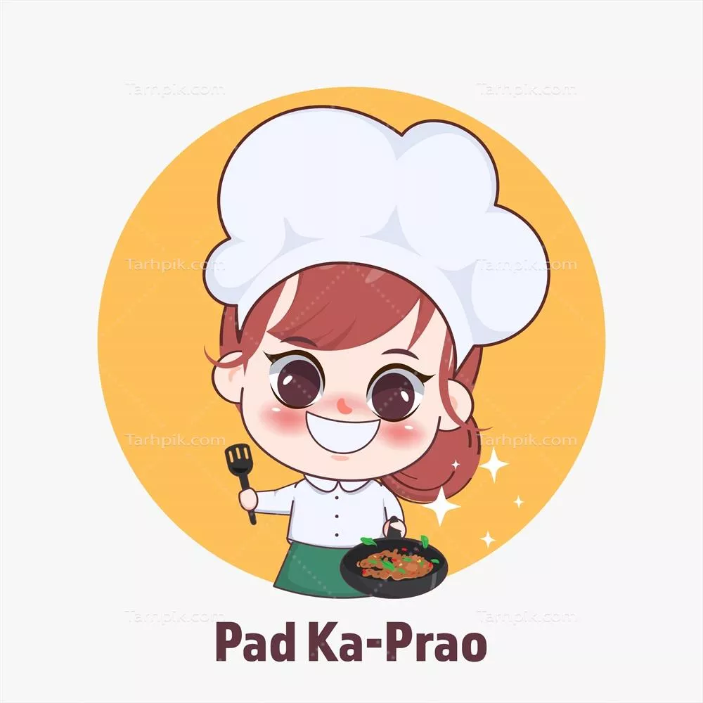 دختر خوشحال و جذاب سرآشپز در حال پخت غذاهای تایلندی - هنر کارتونی و وکتور