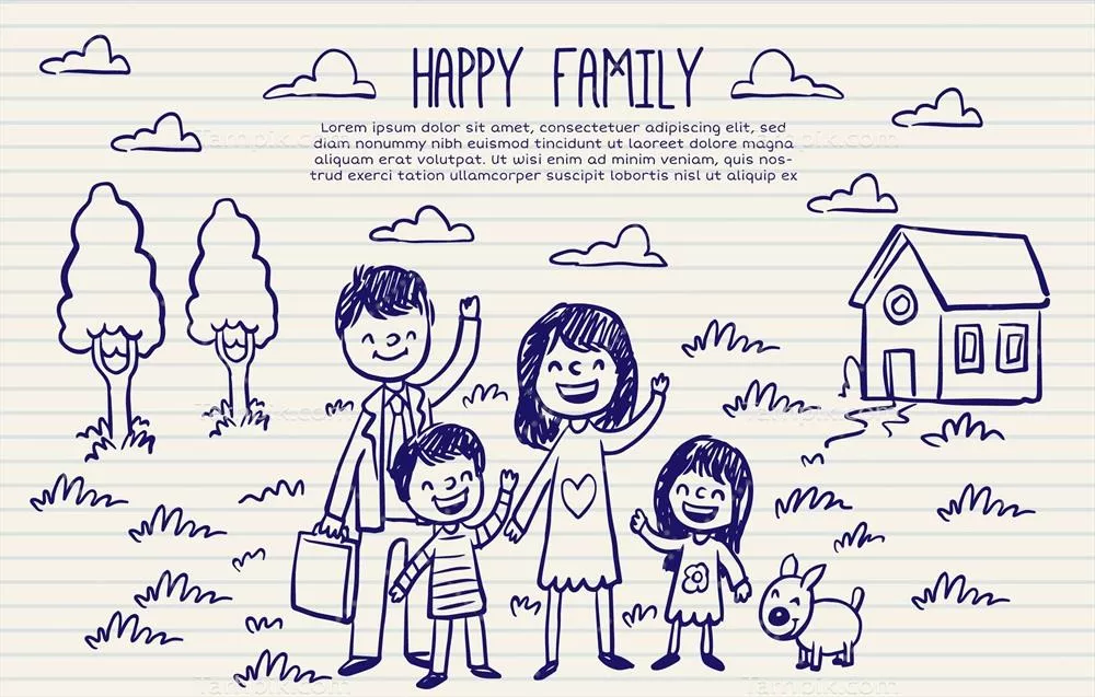 طرح های اسکچ خانواده شاد به عنوان پس زمینه وکتور برای طراحی