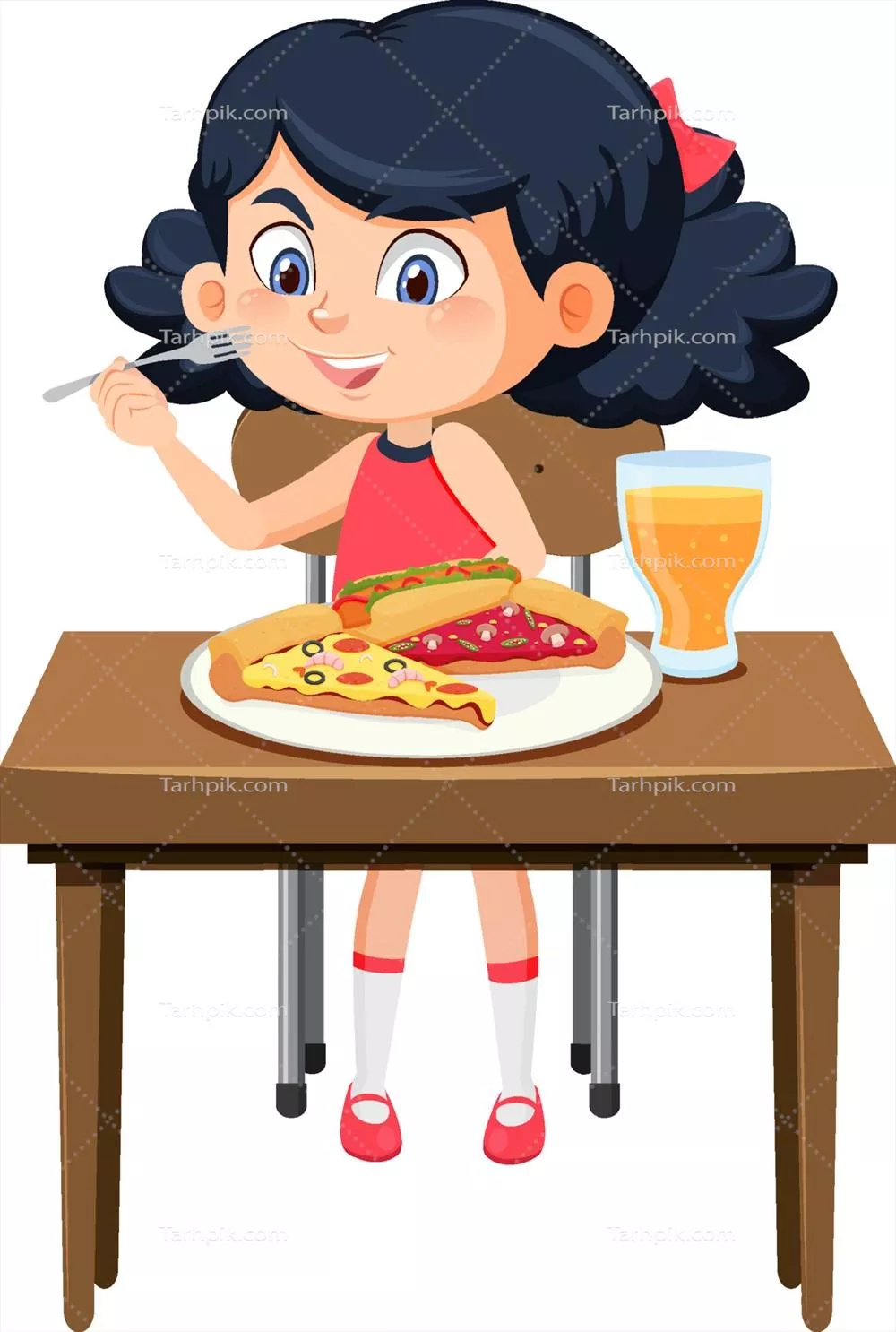 وکتور دختر خوشحال در حال لذت بردن از غذا در کنار میز