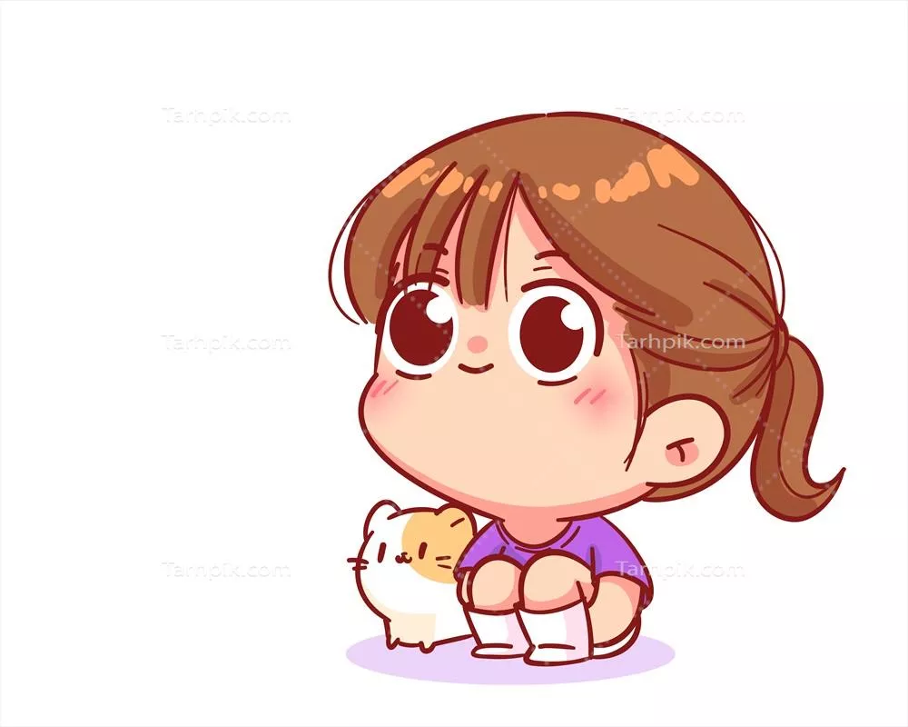 وکتور تصویر کارتونی دختر خوشحال نشسته بر روی زمین که زانوهایش را بغل کرده و در آغوش گربه دارد