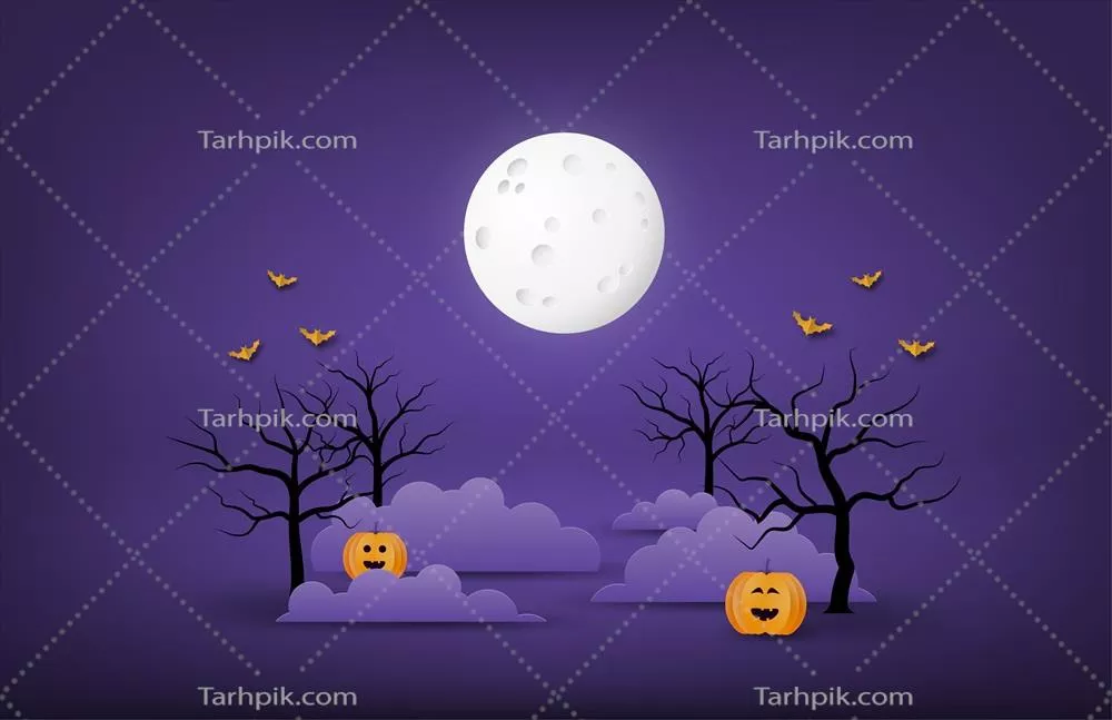 وکتور پوستر هالووین شاد با زمینه شب، ماه بزرگ، ابرها و درختان لخت و کدو تنبلها