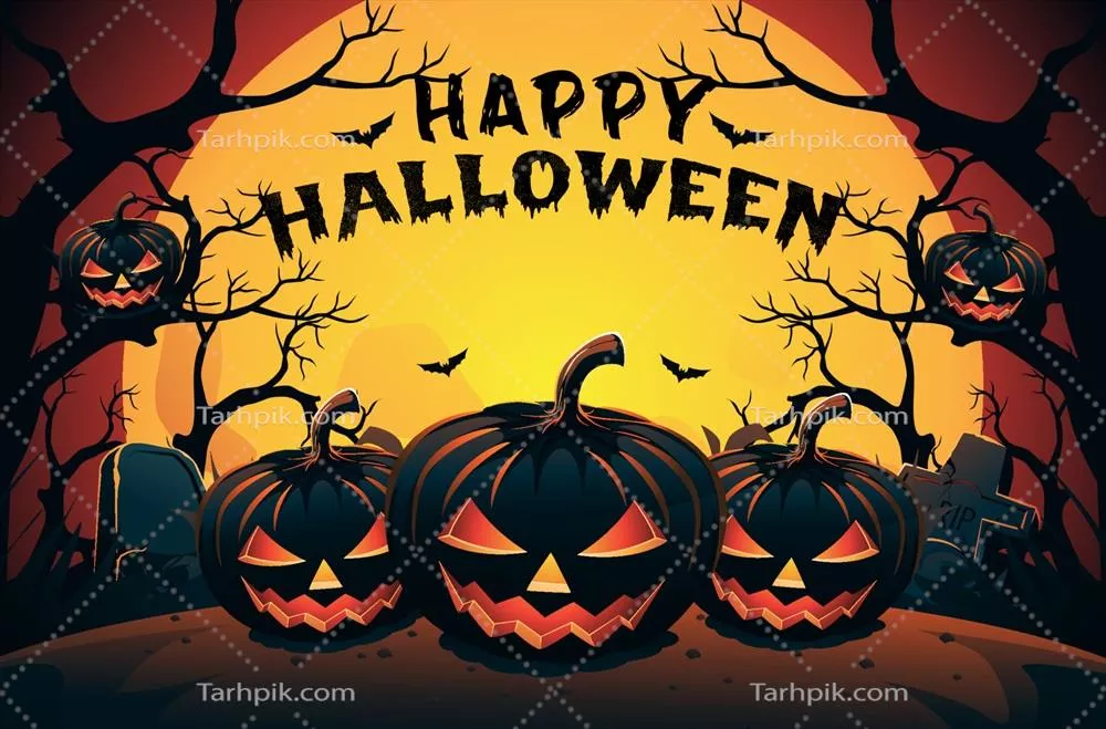 وکتور بنر شاد هالووین با کدو تنبل ترسناک در برابر آسمان نورانی ماه