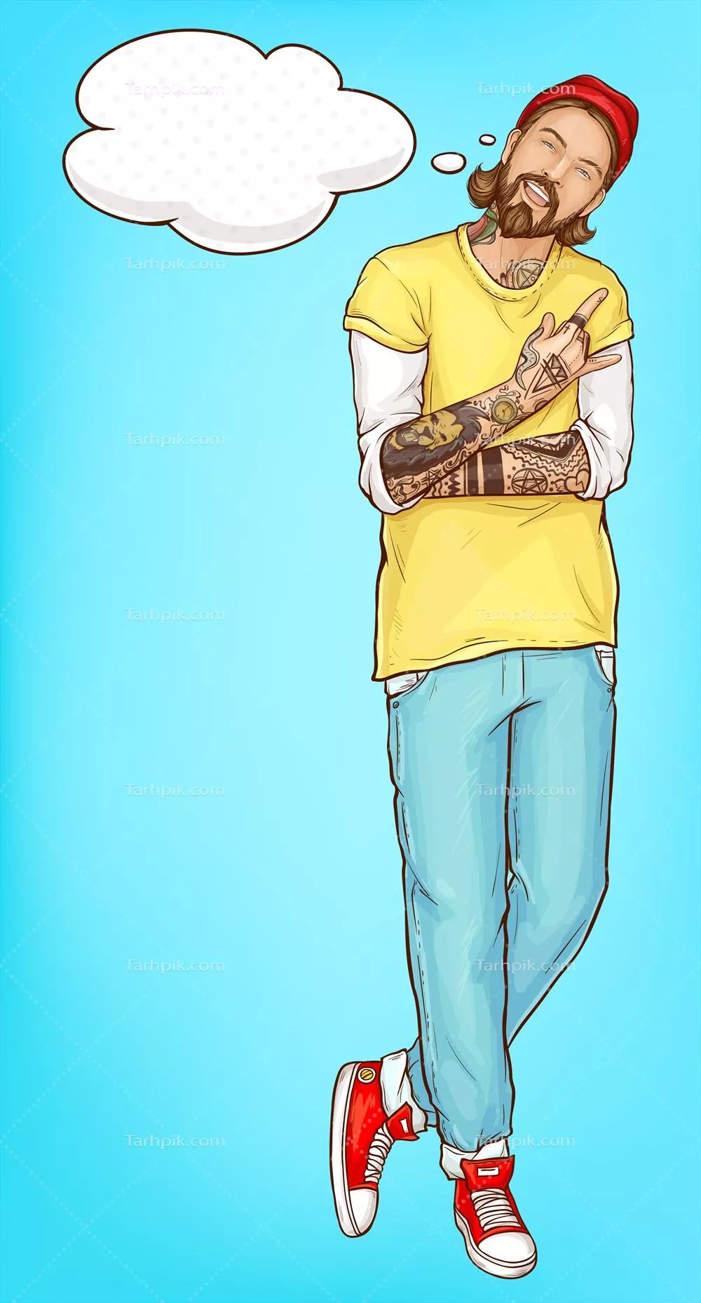 مرد هیپستر شاد در حال نشان دادن علامت شاخ با طراحی وکتور