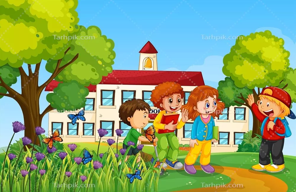 وکتور تصویری از کودکان شاد در مقابل مدرسه - لحظات خوش آموزشی