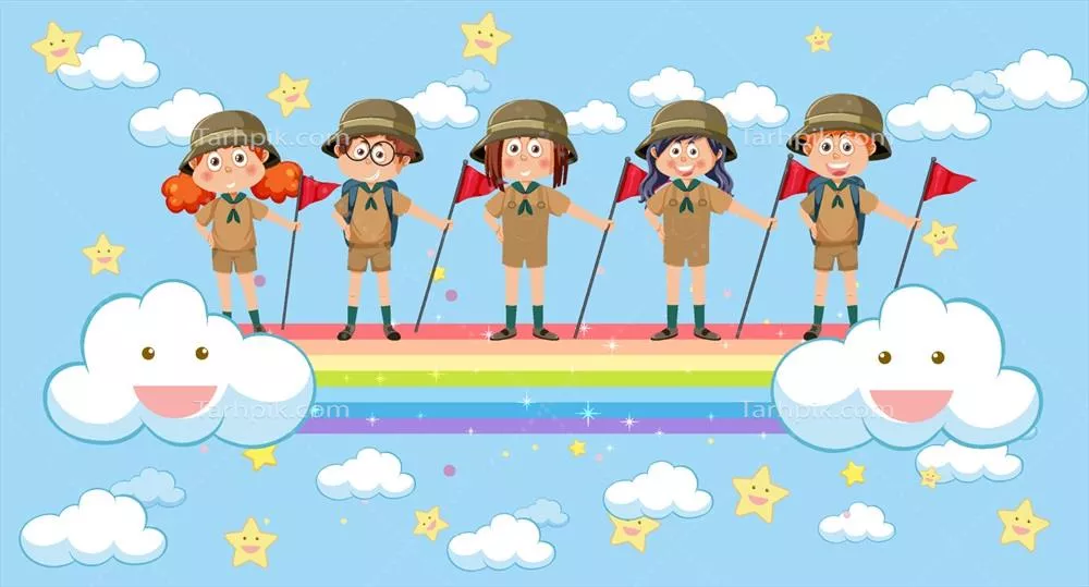 وکتور بچههای شاد در آسمان با رنگینکمان در دنیای خیالانگیز