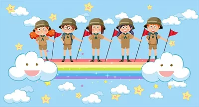 وکتور بچههای شاد در آسمان با رنگینکمان در دنیای خیالانگیز