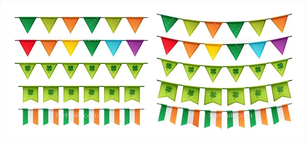 وکتور کارت دعوت برای جشن روز سنت پاتریک با پرچم‌های رنگارنگ و شاداب