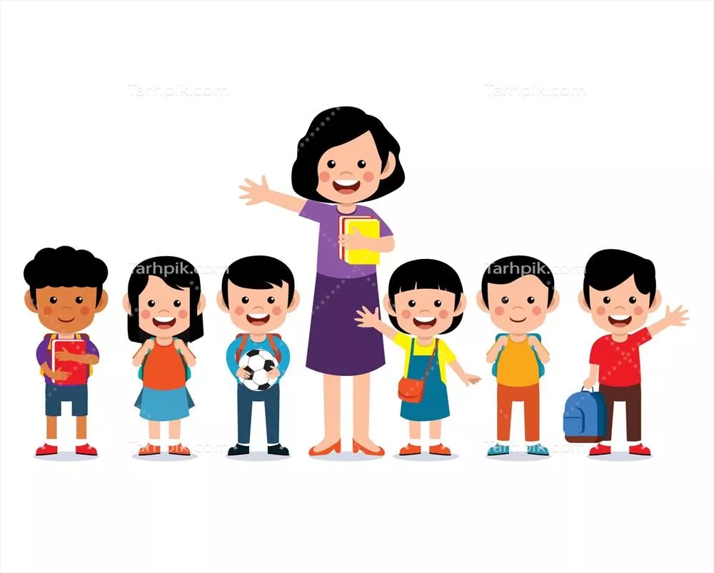 وکتور معلم خوشحال با کودکان دوستداشتنی که با هم لبخند میزنند