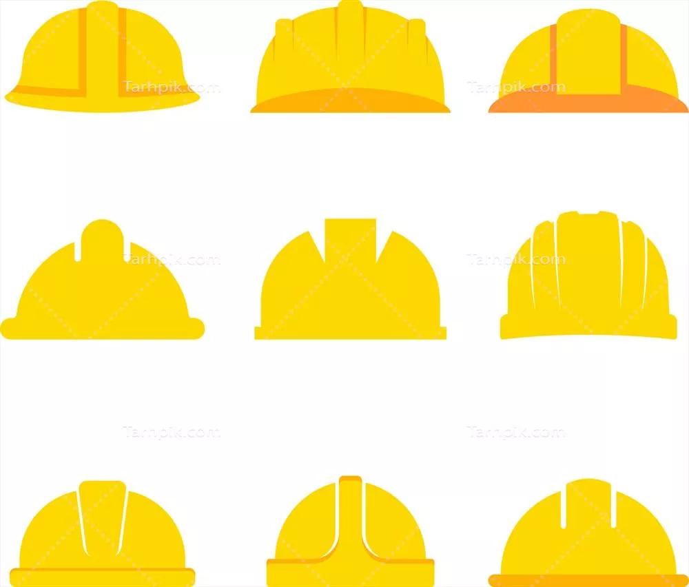وکتور مجموعه آیکون کلاه ایمنی: تجهیزات کارگری و ایمنی در محیط کار