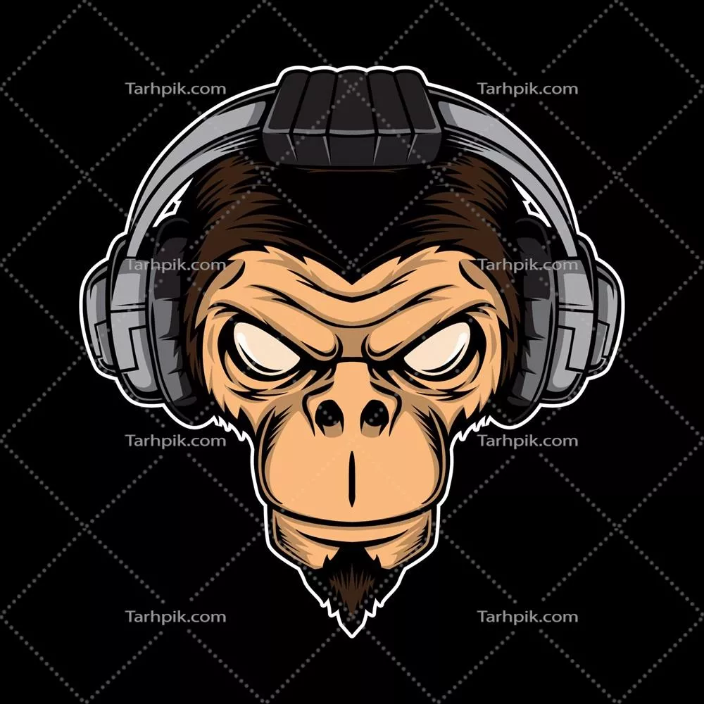 وکتور تصویر طراحی شده از سر میمون با هدفون بر روی گوش هایش