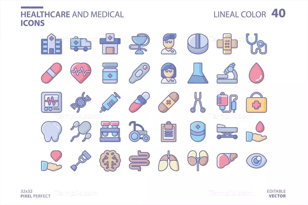 وکتور ست آیکونهای خطی و پرشده حوزه بهداشت و درمان برای استفاده در طراحیها