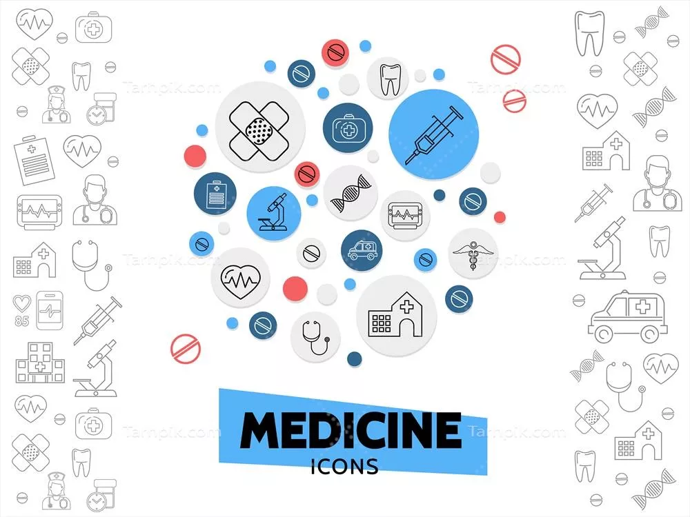 وکتور ترکیب آیکون‌های خطی در حوزه بهداشت و درمان شامل چسب، سرنگ، دی‌ان‌ای، میکروسکوپ، بیمارستان، گوشی پزشکی و ضربان قلب