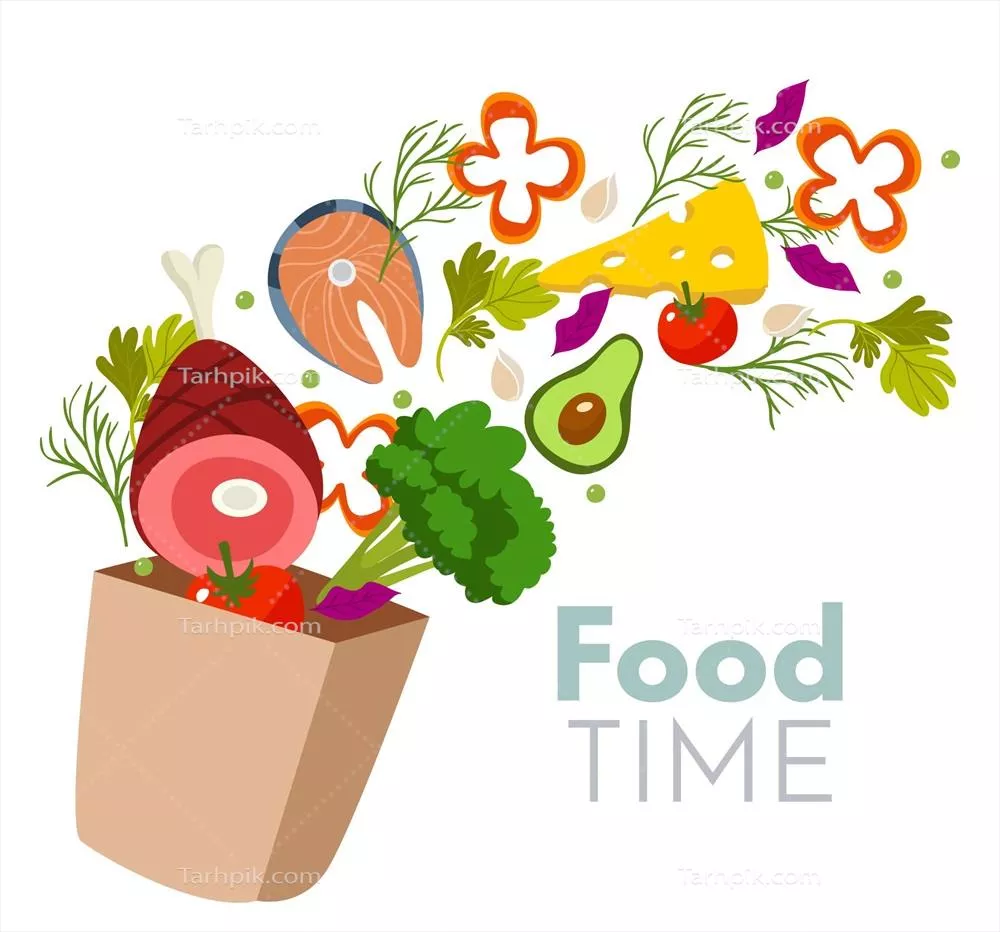 وکتور زمینه طراحی فلت مواد غذایی سالم با رنگهای متنوع و جذاب