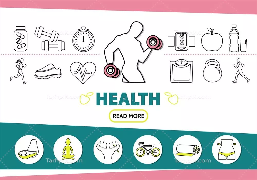 وکتور مجموعه آیکون های سبک زندگی سالم با مرد قوی، ویتامین ها، تجهیزات ورزشی و میوه های سالم