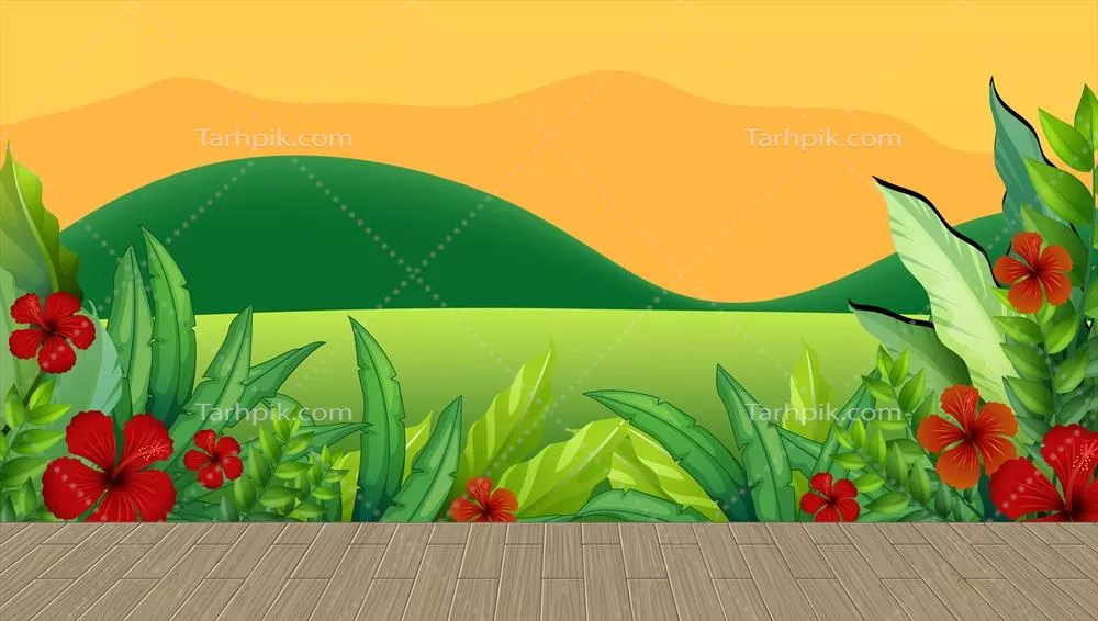 طراحی وکتوری گل و برگ هبیسکوس با پسزمینه کوه و غروب آفتاب