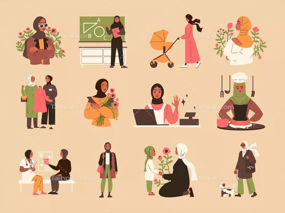 مجموعه رنگی حجاب زن با نمادهای مربوط به زمان کار - تصویر وکتور