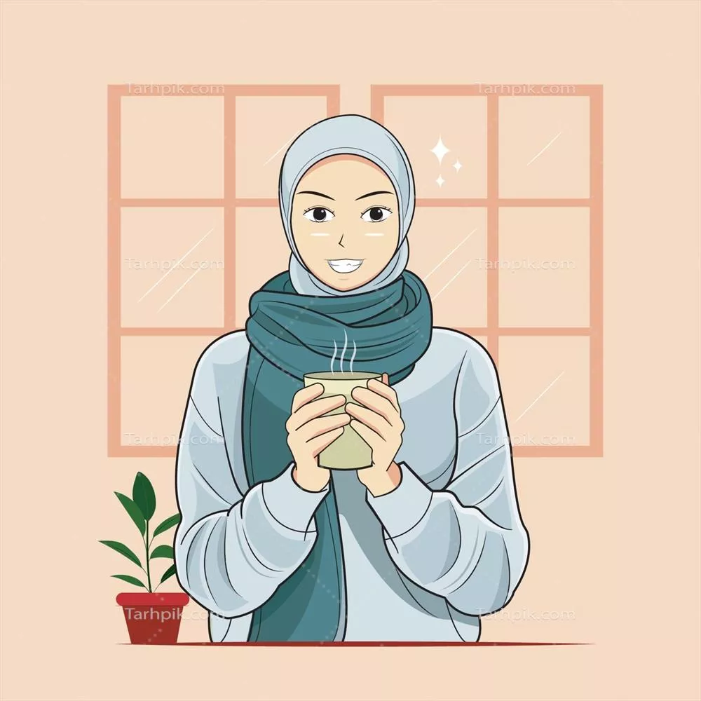 دختر جوان با حجاب در حال لبخند زدن و نوشیدن چای داغ - وکتور