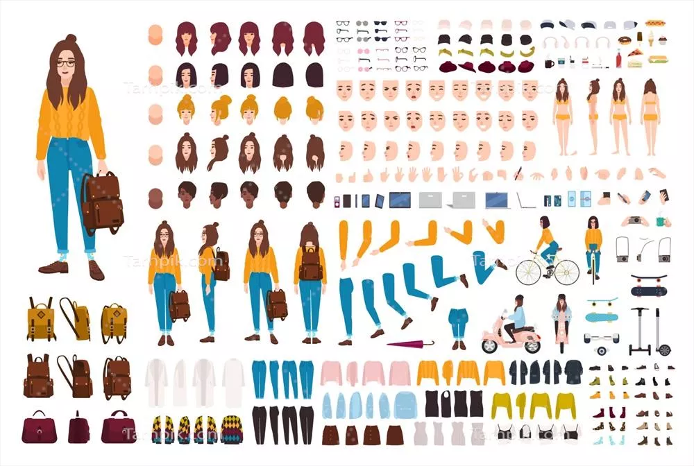 وکتور ست خلاقیت دختر هیپی: مجموعه کارتون دخترانه به صورت تخت