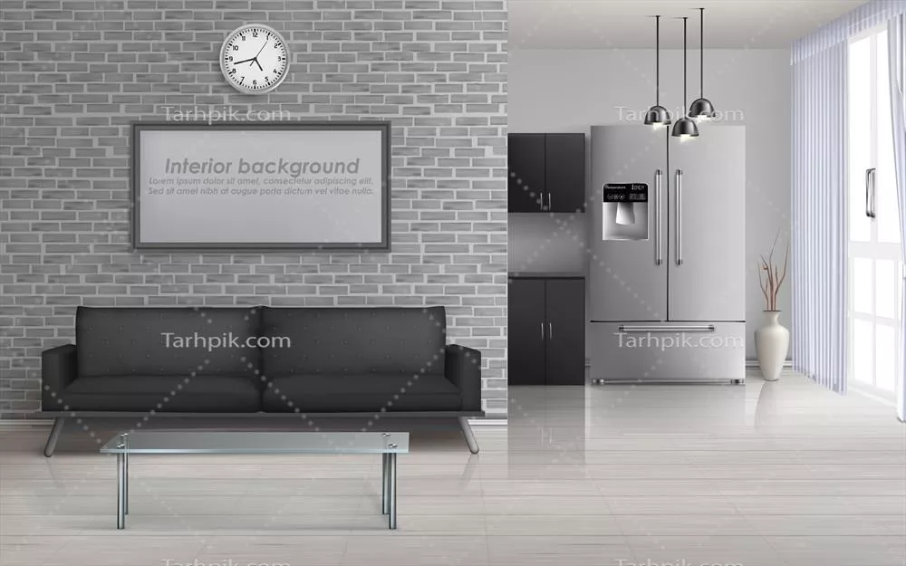وکتور طراحی داخلی مینیمالیستی و فضای باز در اتاق نشیمن و آشپزخانه