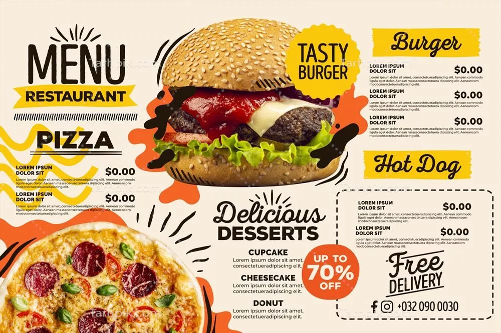 منوی رستوران دیجیتال با فرمت افقی - طراحی شده به صورت وکتور