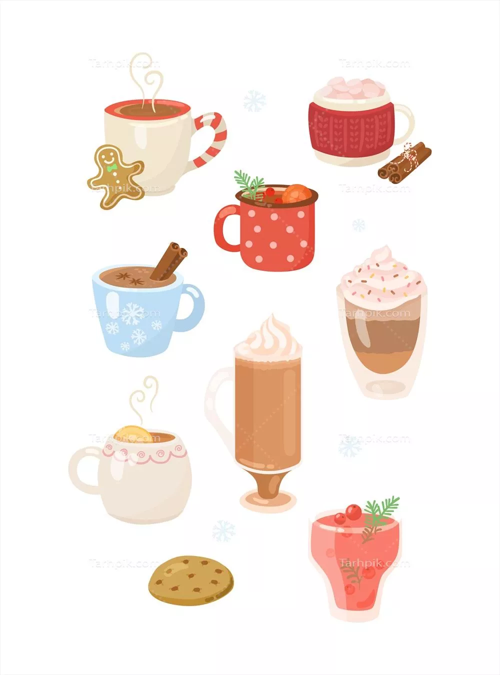 مجموعه تصاویر وکتور از نوشیدنی های داغ با خامه زده شده در فنجان های کارتون