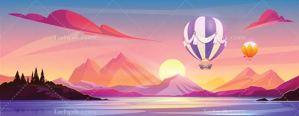 وکتور بادبادک های داغ در حال پرواز بر فراز رودخانه و کوه ها