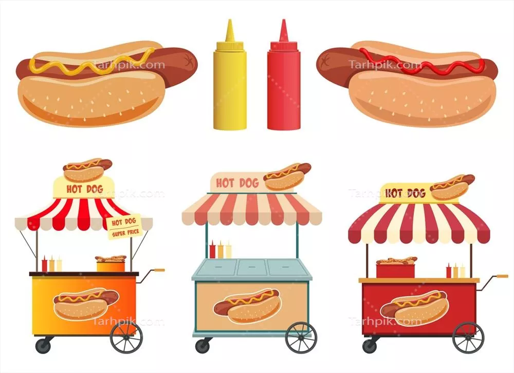 طراحی وکتور مجموعه ساندویچ هات داگ با کچاپ و خردل در پس زمینه سفید