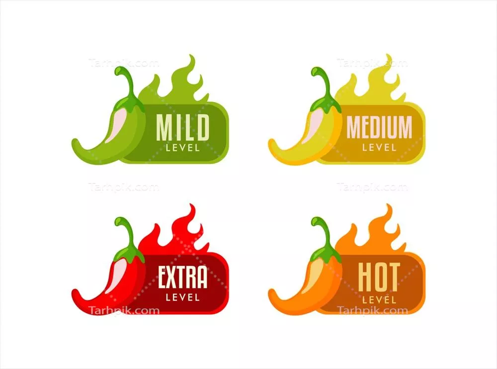 وکتور برچسبهای سطح تندی و ادویههای داغ برای غذاها و سسها