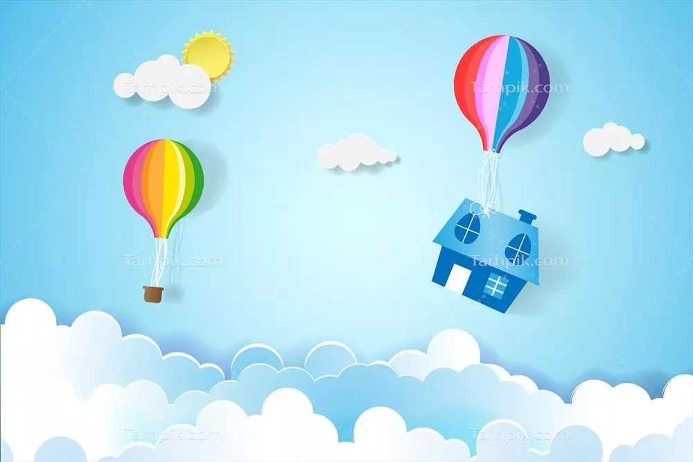 وکتور خانه‌ای که از بادکنک‌های رنگارنگ در آسمان معلق است: مفهوم کسب‌وکار و مالی