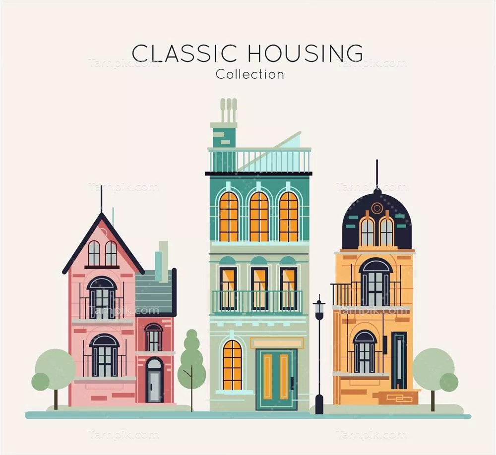 وکتور مجموعه گرافیکی از سبکهای مختلف خانه و آپارتمانهای مسکونی