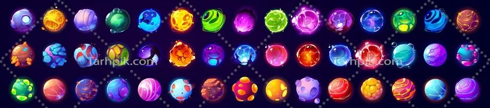 مجموعهای وسیع از سیارات تخیلی در پسزمینه تاریک به صورت وکتور