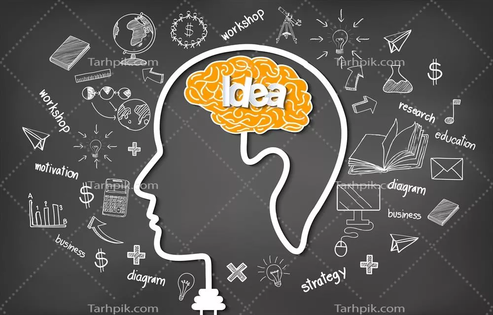 وکتور تصویر خلاقیت و ایدهپردازی در ذهن انسان برای کسبوکار با طراحی و کادر مشکی