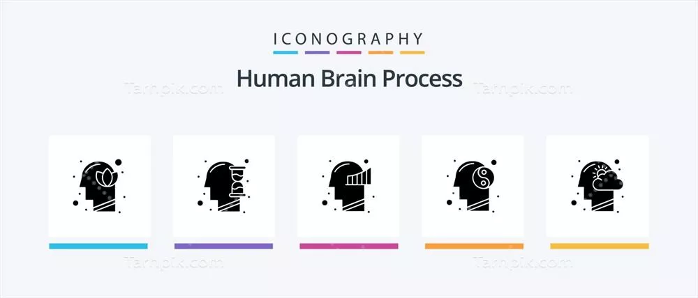 وکتور مجموعه آیکون های فرآیند مغز انسان با تصویرزن ۵ شامل ابر