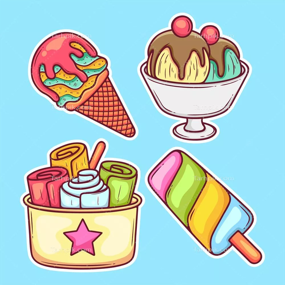 وکتور آیکون های استیکر بستنی یخی و پاپسicle طراحی شده با دست برای رنگ آمیزی
