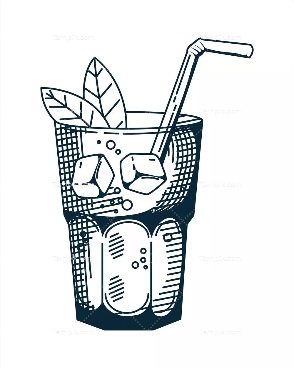 وکتور آیکون نوشیدنی چای یخزده با برگ و نی به سبک دستکشیده