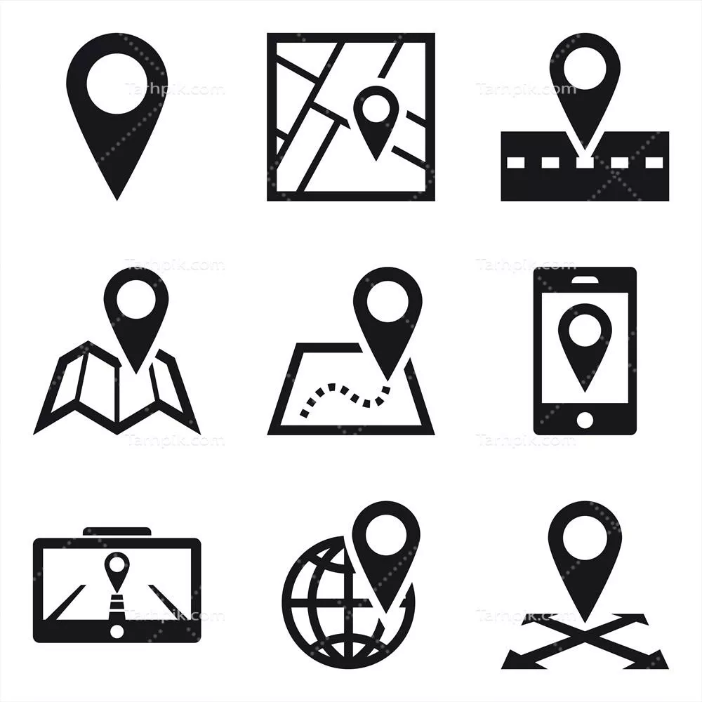 وکتور مجموعه آیکونهای ساده پینهای نقشه و اقدامات مرتبط با آن