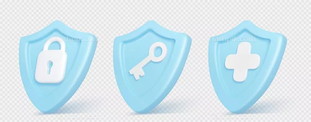 آیکون‌های سه بعدی سپر با علائم و قفل، طراحی وکتور بسیار جذاب