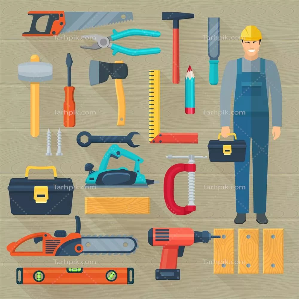 آیکونهای مجموعه ابزار نجاری و کارهای چوبی به صورت وکتور