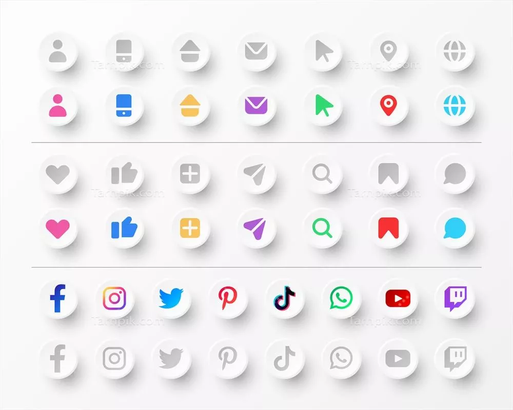 وکتور مجموعه آیکون های لوگوی شبکه های اجتماعی با طراحی نئومورفیسم برای وب سایت و کارت ویزیت