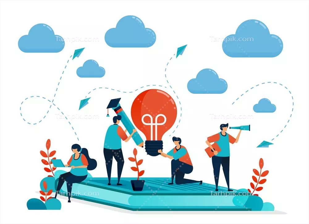 وکتور ایدهها و الهامات در یادگیری و آموزش: طراحی مدرن برای کارت و بنر کسبوکار با کتاب، لامپ و مداد